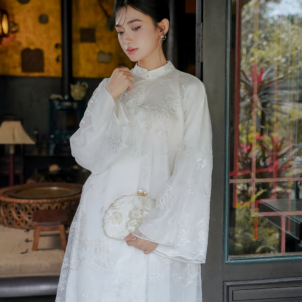 Uyen Son - Embroidered Organza Ao Dai set in White [Wedding Collection] - front view by SON