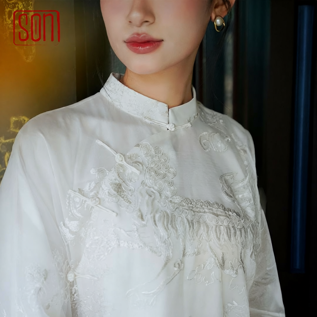 Uyen Son - Embroidered Organza Ao Dai set in White [Wedding Collection] - front view by SON