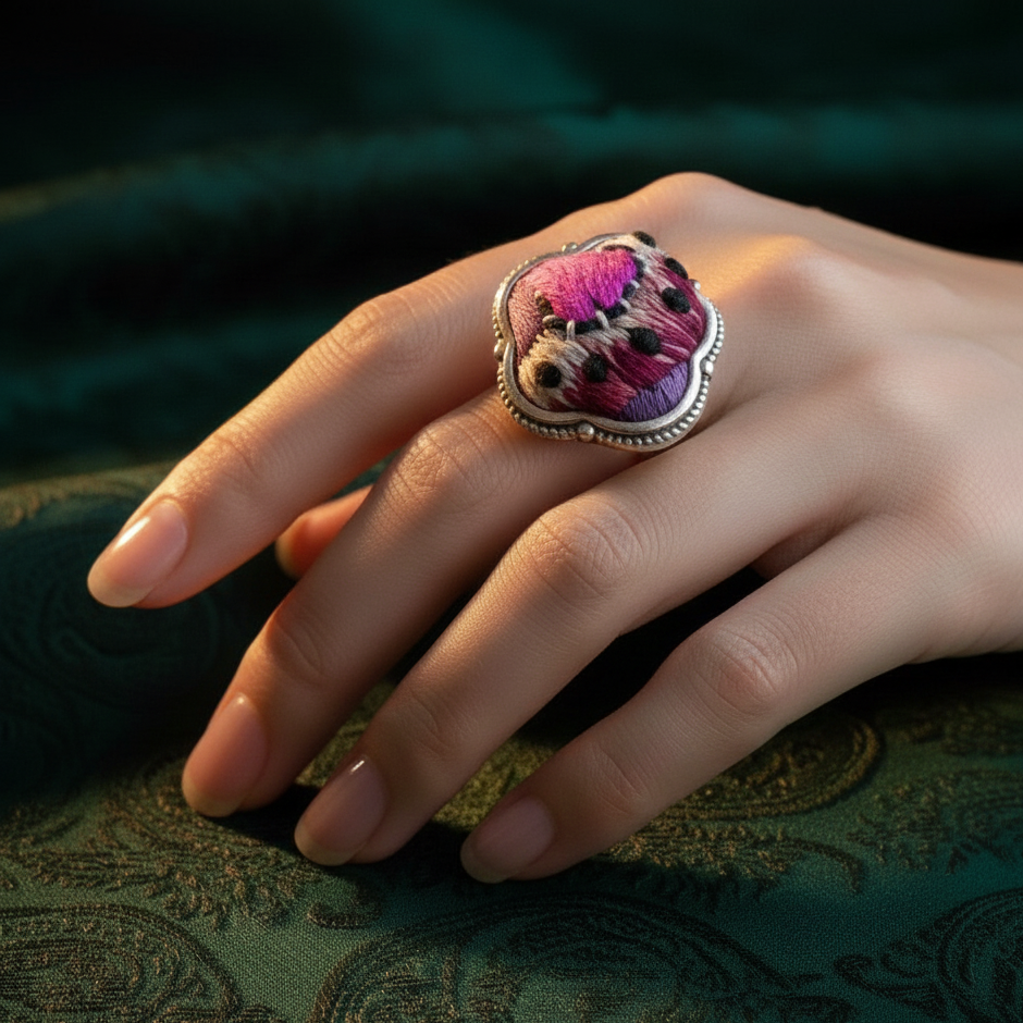 Midnight Bloom handcrafted silk embroidered ring top view in deep colors