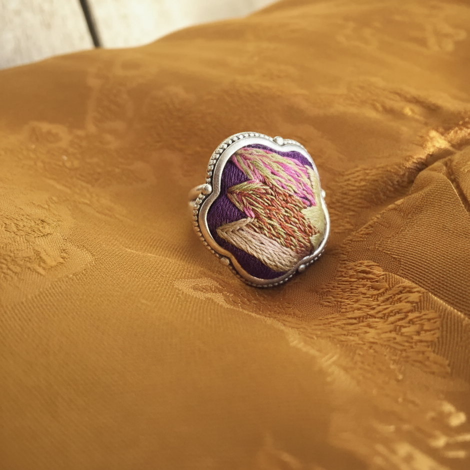 Petals Miao embroidery silk ring with traditional Vietnamese petal design