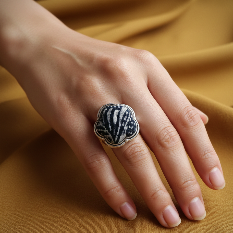 Noir ethnic print silver ring top view showing cultural design detail