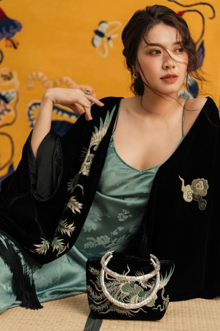 “Phượng Vũ” – Hand-Embroidered Velvet Handbag with Fine Silvery/Brass Handle - styled presentation by Tho