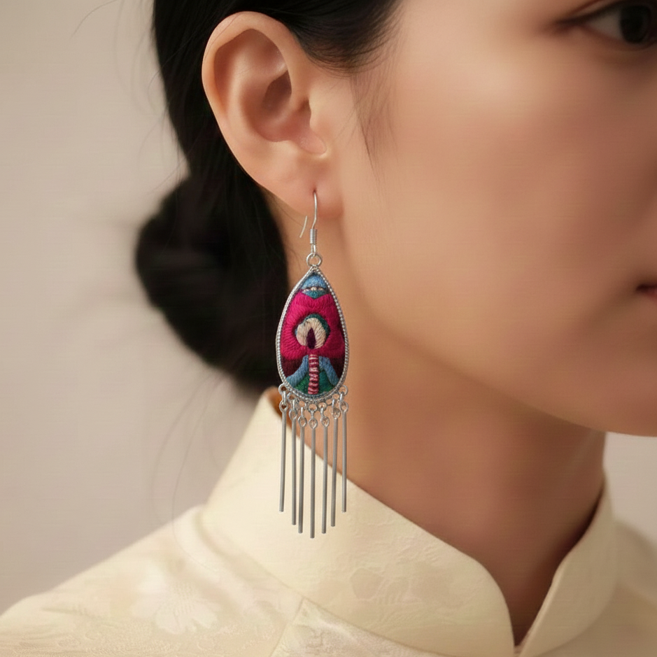 Phoenix Petal Miao embroidery silk earrings with traditional Vietnamese phoenix design