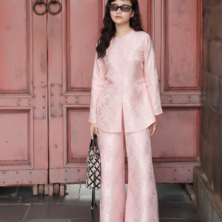 Vietnamese Ao Dai - AN Ao-Ba-Ba - Wormsilk in Blush Rose - front view in brocade in pink by Huyen Thai Collection