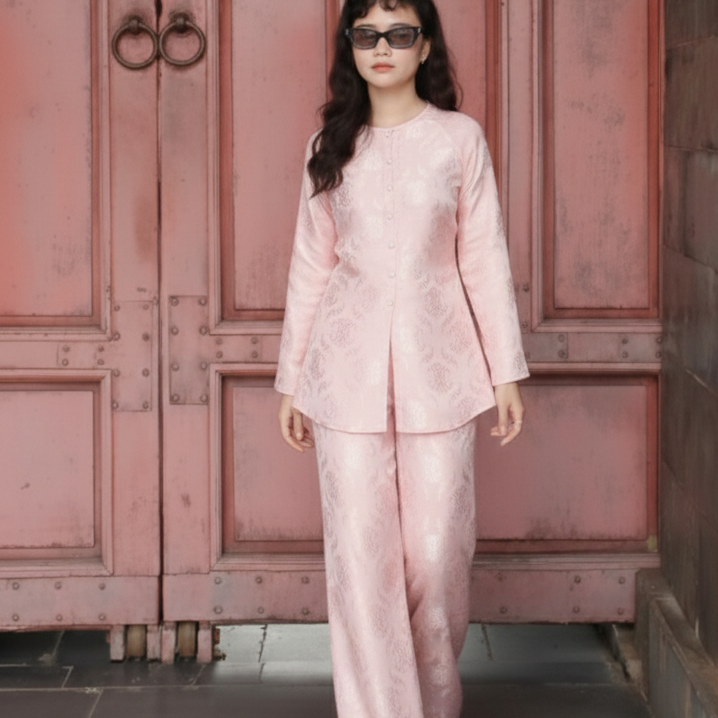 Vietnamese Ao Dai - AN Ao-Ba-Ba - Wormsilk in Blush Rose - front view in brocade in pink by Huyen Thai Collection