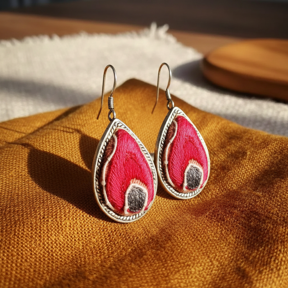 Peacock Dream Miao embroidery silver earrings with traditional Vietnamese peacock design