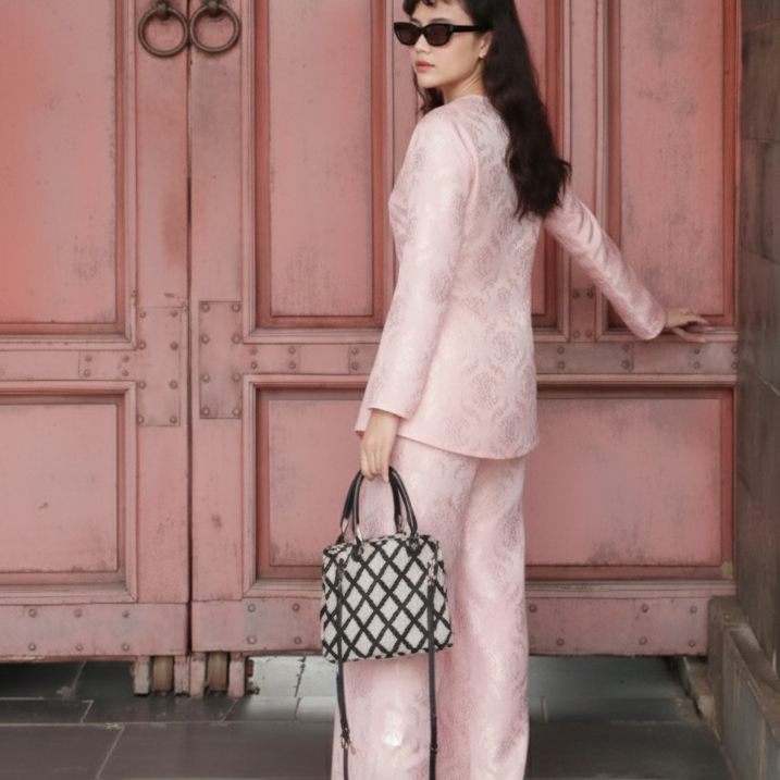 Vietnamese Embroidery - AN Ao-Ba-Ba - Wormsilk in Blush Rose - side profile in brocade in pink by Huyen Thai Collection