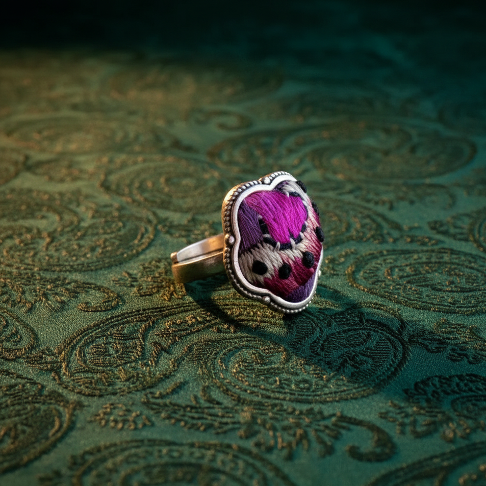 Midnight Bloom Miao embroidery silk ring with dark traditional Vietnamese floral design