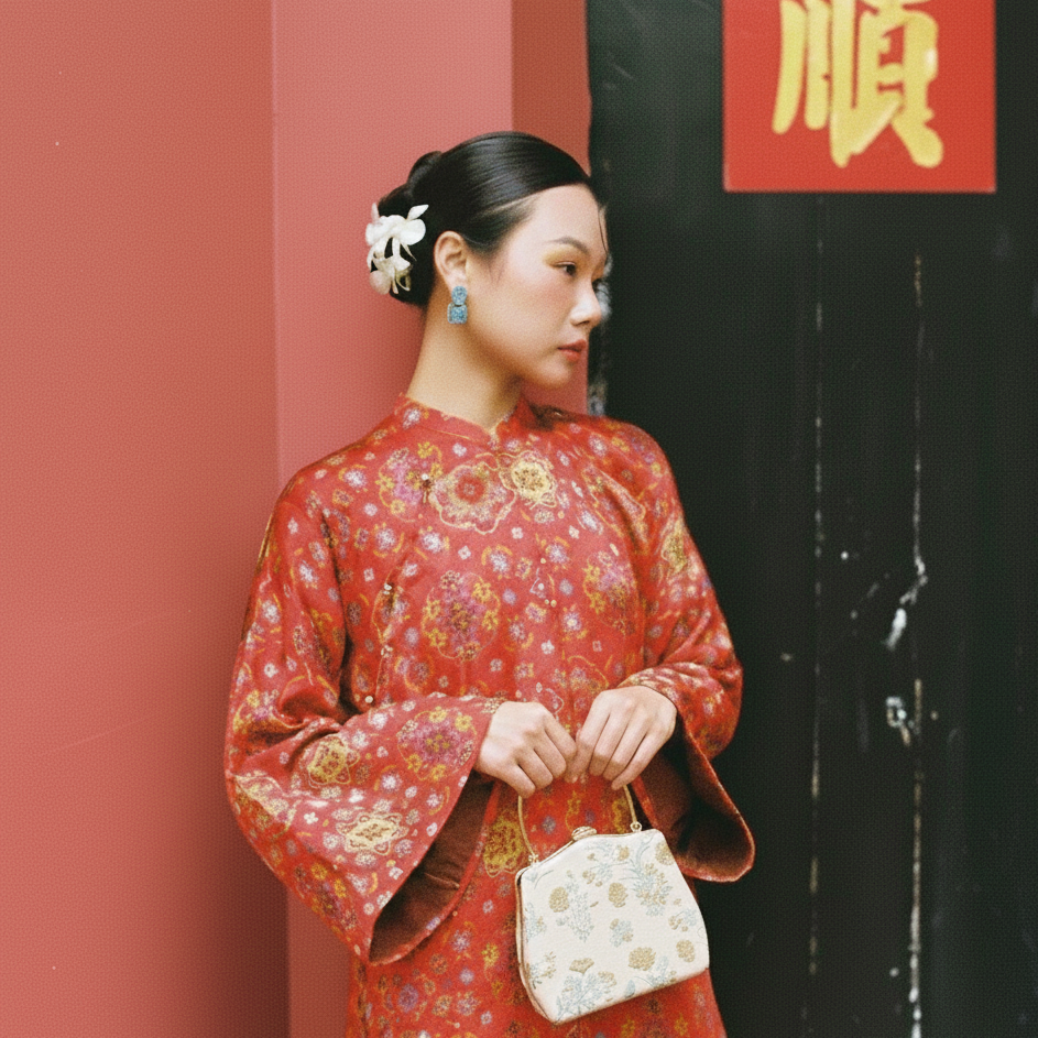 Liên Ảnh - Embroidered Viscose Handbag with Metal Handle in White/Green - front view by Moc - Bags