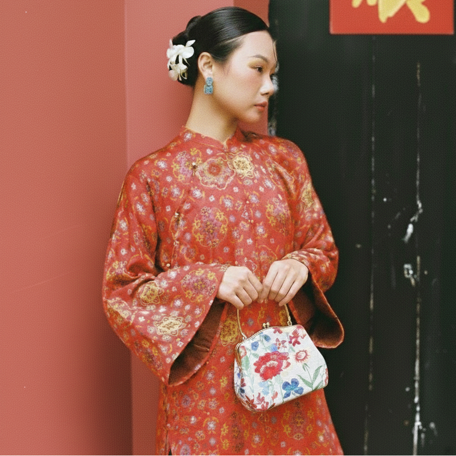 Tue Lan — Embroidered Viscose Handbag with Metal Handle in White/Pink - front view | Vietnamese Luxury Fashion