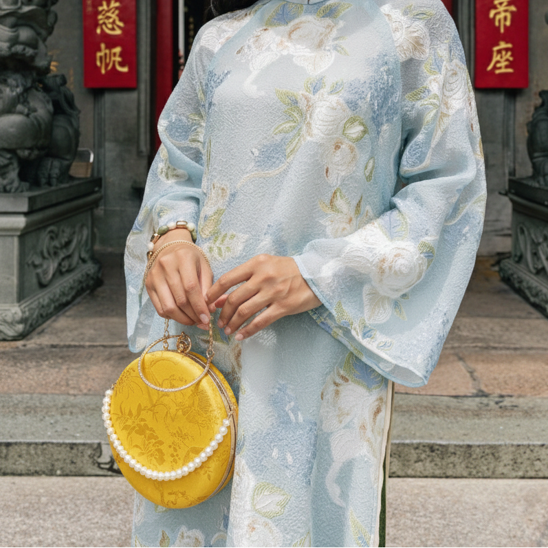 Vietnamese Embroidery - “Nguyệt Tú” – Silk Brocade Round Clutch with Metal Handle - side profile in light blue by Moc - Bags