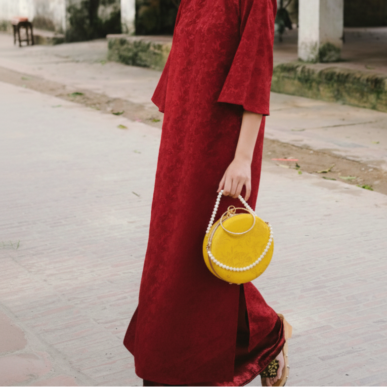 Vietnamese Ao Dai - “Nguyệt Tú” – Silk Brocade Round Clutch with Metal Handle - side profile in velvet in red by Moc - Bags
