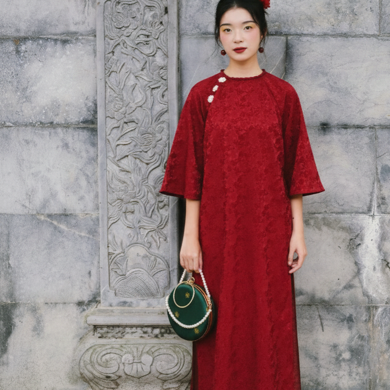 Vietnamese Ao Dai - “Nguyệt Tú” – Silk Brocade Round Clutch with Metal Handle - front view in velvet in red by Moc - Bags