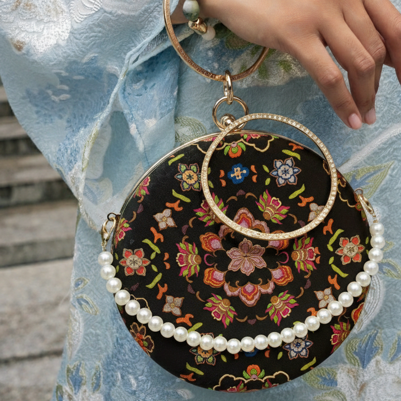 “Nguyệt Tú” – Silk Brocade Round Clutch with Metal Handle in Black - front view | Vietnamese Luxury Fashion