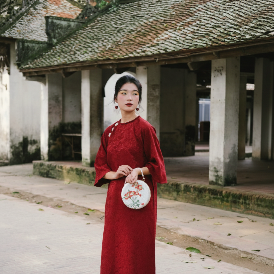 “Tue Lan” – Embroidered Brocade Silk Round Clutch with Metal Handle - front view by Moc - Bags