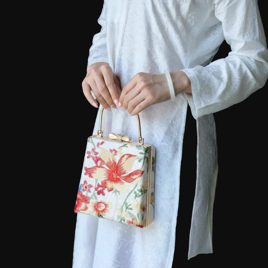 "Tue Lan" — Embroidered Viscose Handbag with Metal Handle in Rectangle shape - front view | Vietnamese Luxury Fashion