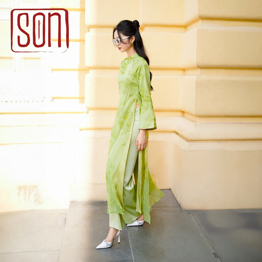 Vietnamese Ao Dai - Yen Son Ao Dai set in Avocado [Wedding Collection] - side profile in silk in green by SON