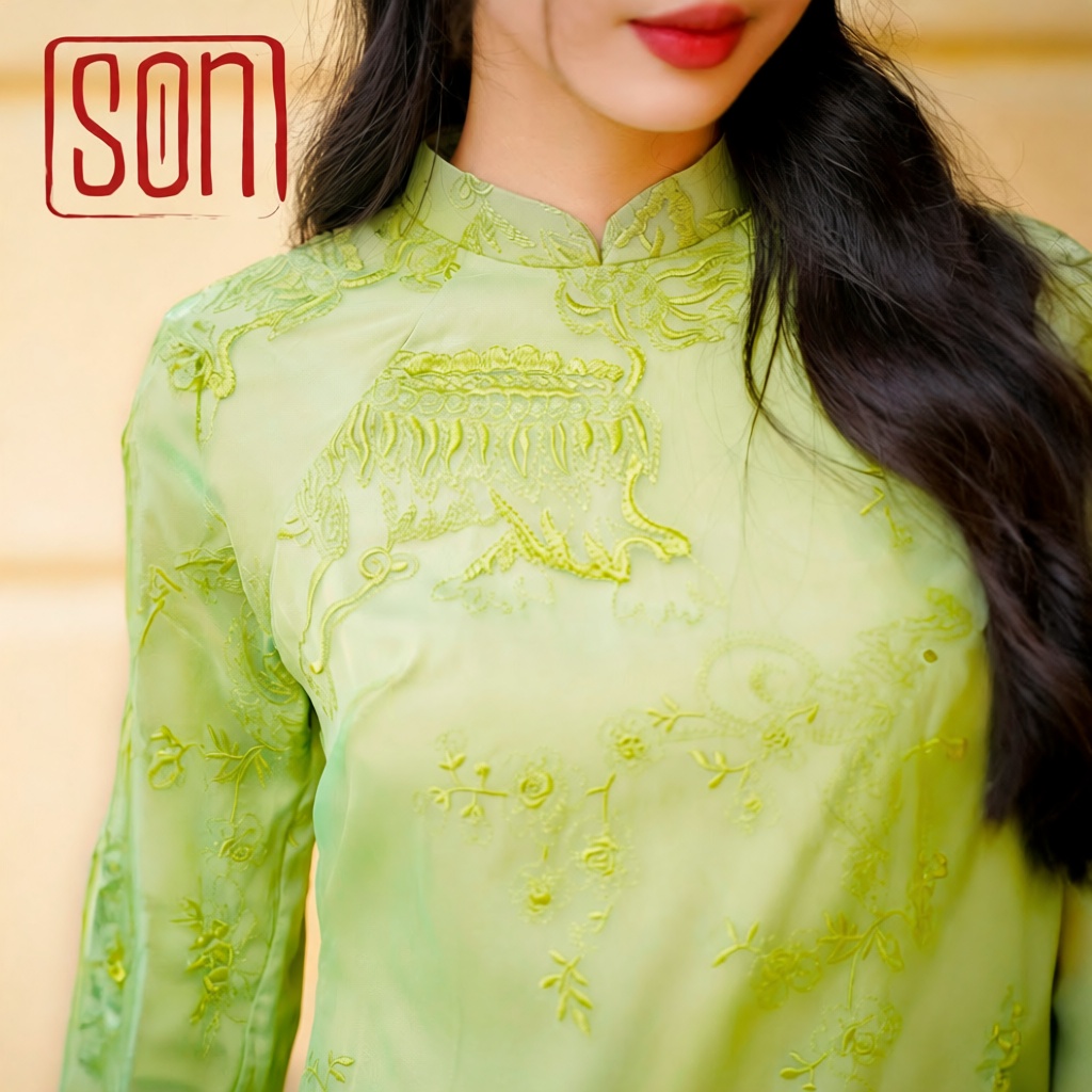Vietnamese Embroidery - Yen Son Ao Dai set in Avocado [Wedding Collection] - detail close-up in silk in green by SON