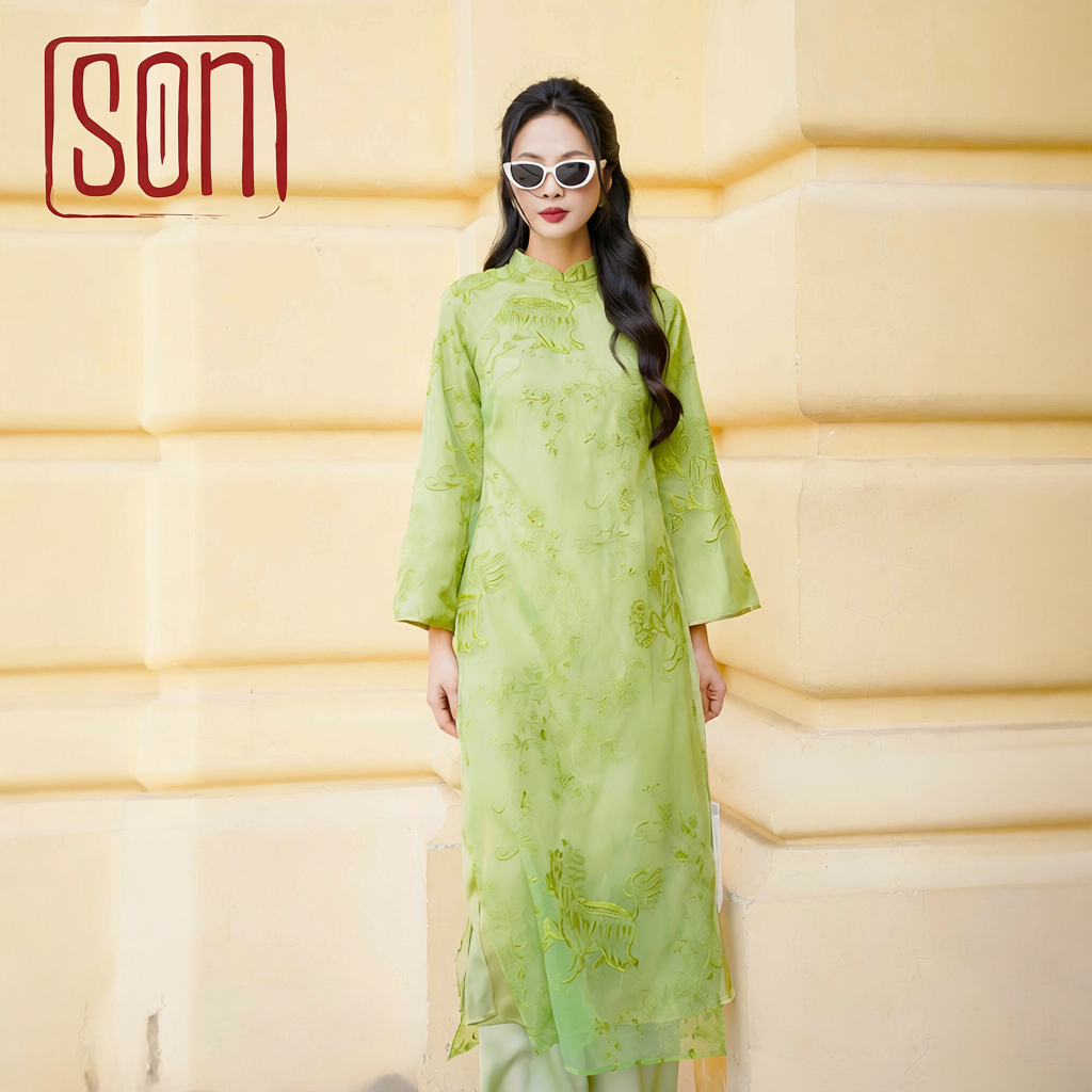 Vietnamese Ao Dai - Yen Son Ao Dai set in Avocado [Wedding Collection] - front view in silk in green by SON