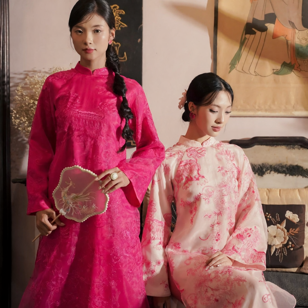 Vietnamese Ao Dai - Yen Son - Embroidered Ao Dai set in Magenta [Wedding Collection] - front view in silk in pink by SON