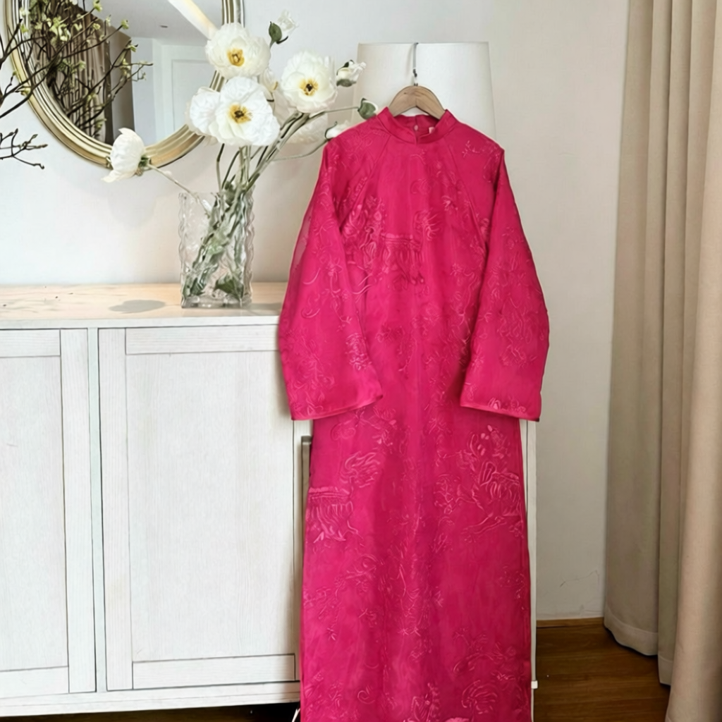 Vietnamese Ao Dai - Yen Son - Embroidered Ao Dai set in Magenta [Wedding Collection] - front view in silk in fuchsia by SON