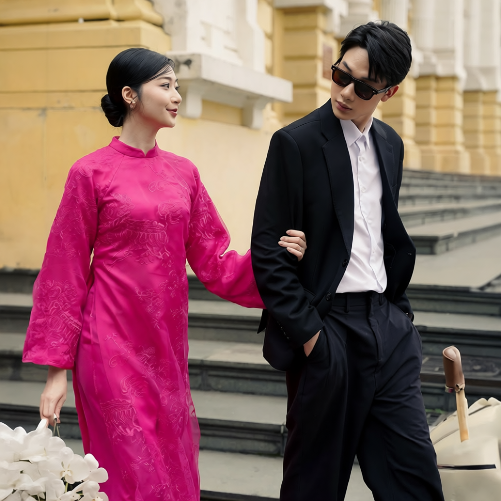 Yen Son - Embroidered Ao Dai set in Magenta [Wedding Collection] - styled presentation by SON