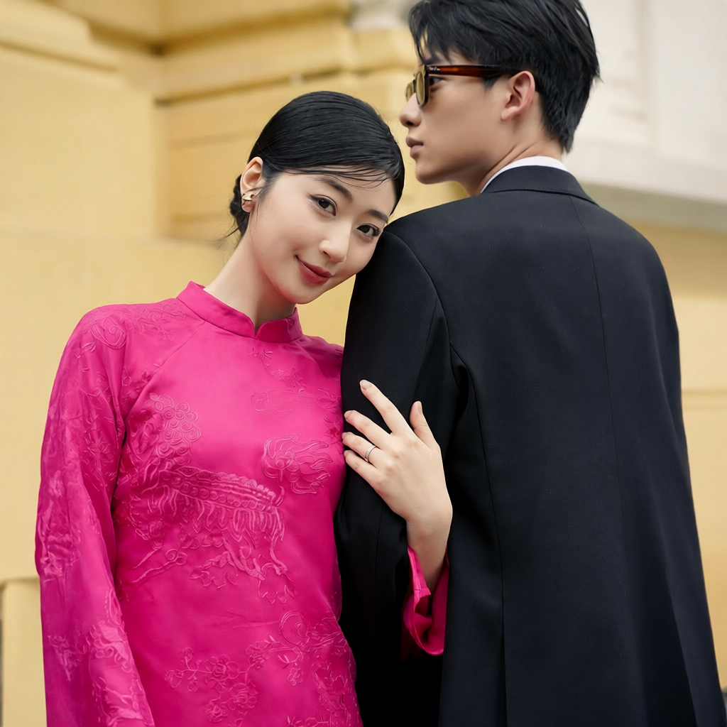Vietnamese Ao Dai - Yen Son - Embroidered Ao Dai set in Magenta [Wedding Collection] - side profile in silk in pink by SON