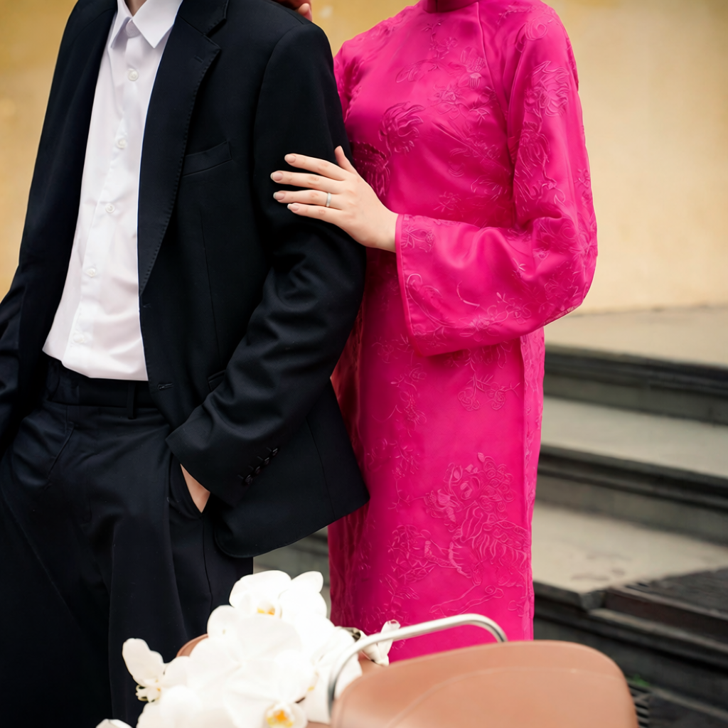 Vietnamese Ao Dai - Yen Son - Embroidered Ao Dai set in Magenta [Wedding Collection] - side profile in silk in pink by SON