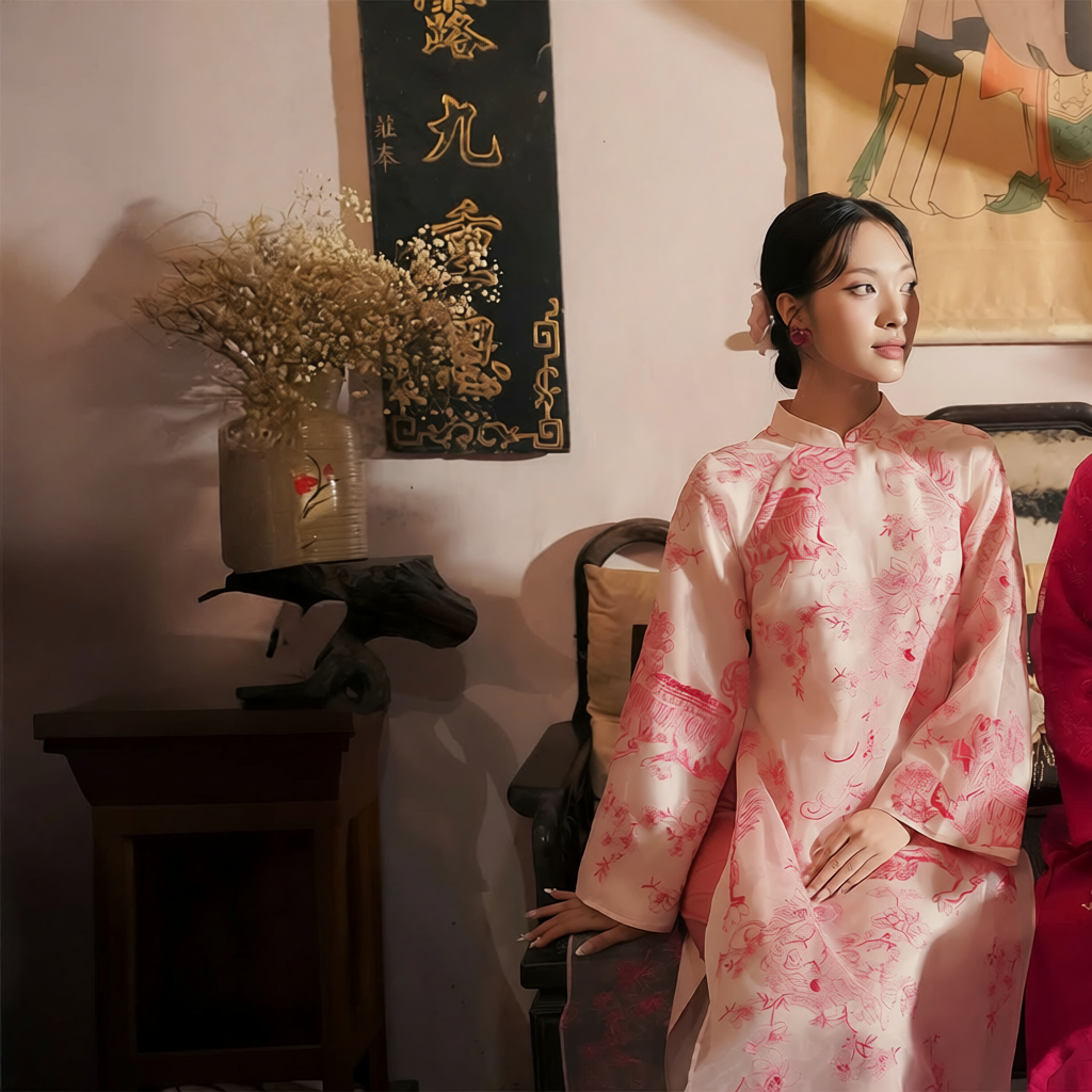 Vietnamese Ao Dai - Yen Son - Embroidered Ao Dai set in Pink [Wedding Collection] - front view in silk in pink by SON