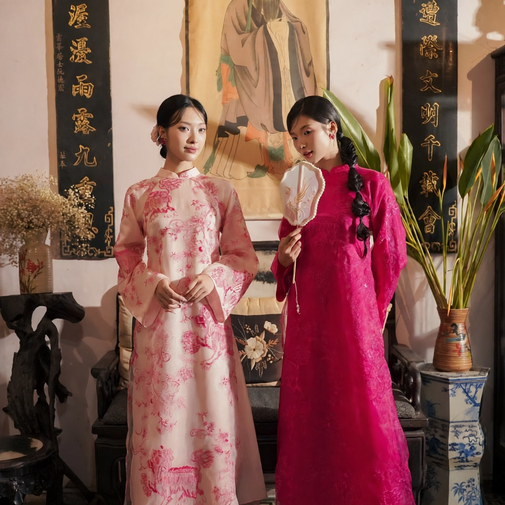 Vietnamese Ao Dai - Yen Son - Embroidered Ao Dai set in Pink [Wedding Collection] - front view in silk in pink by SON
