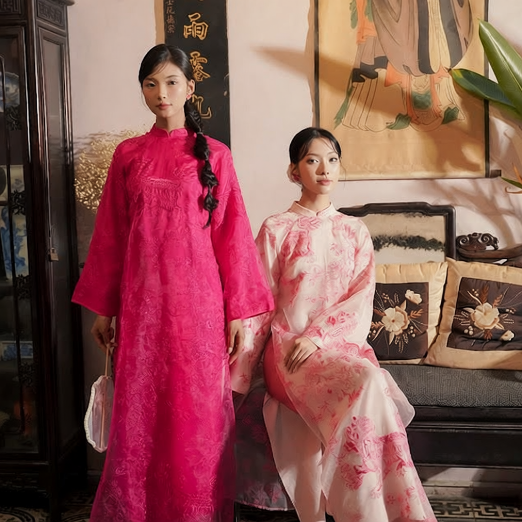 Vietnamese Ao Dai - Yen Son - Embroidered Ao Dai set in Pink [Wedding Collection] - front view in silk in pink by SON