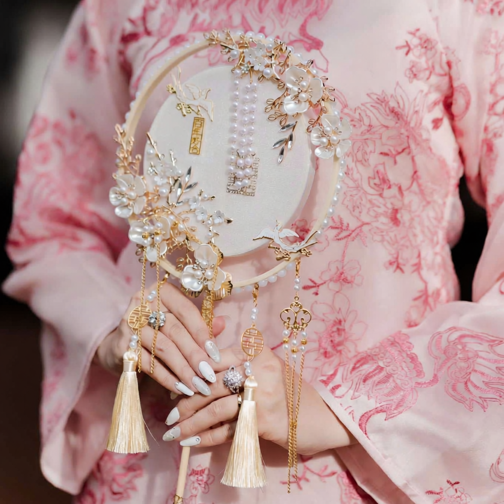 Vietnamese Ao Dai - Yen Son - Embroidered Ao Dai set in Pink [Wedding Collection] - detail close-up in silk in pink by SON