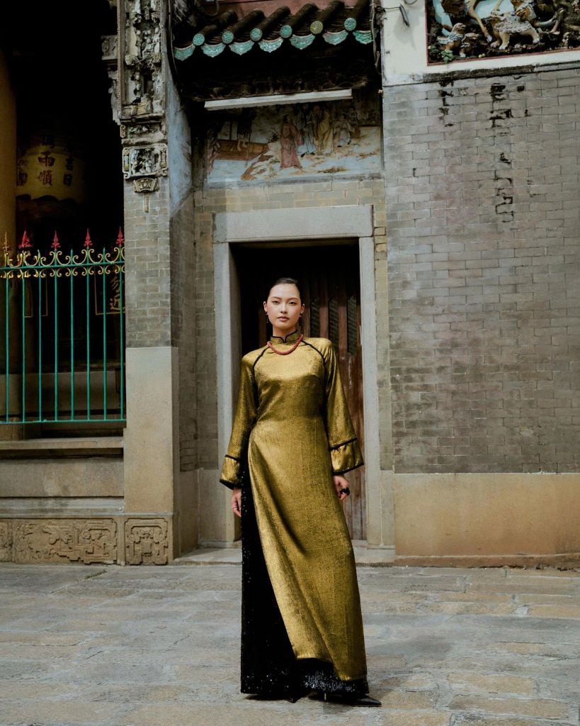 Gilded Whisper Ao Dai Set - Metallic Silk in Champagne Gold with Sequined Pants - front view by Bonjour