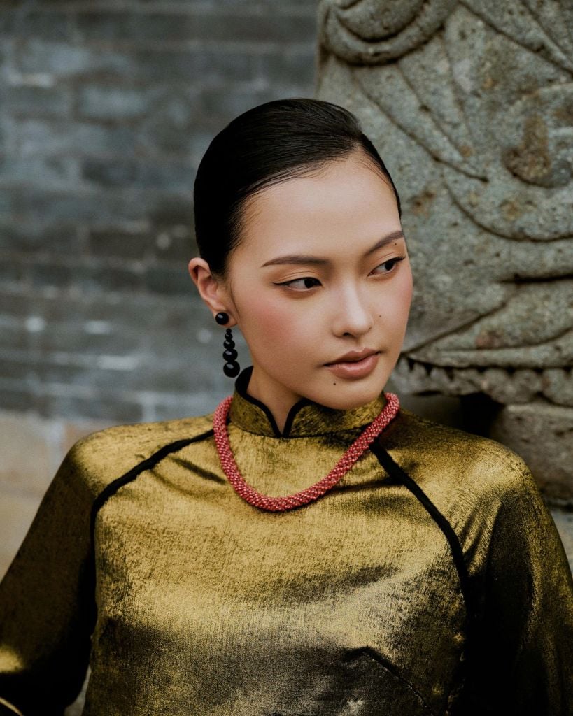 Gilded Whisper Ao Dai Set - Metallic Silk in Champagne Gold with Sequined Pants - front view by Bonjour